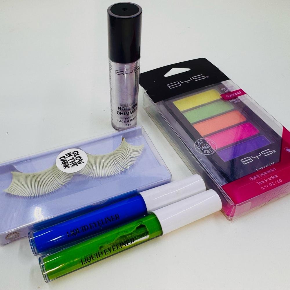 BYS Eyeshadow Roll On Shimmer Liquid Eyeliners Glow in Dark False Lashes NEW